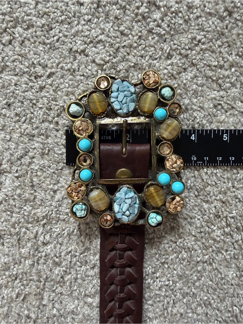 Leatherock USA Brown Woven Boho Stone Buckle Statement Belt